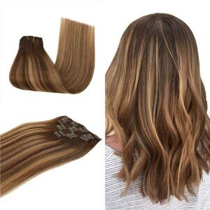 16" 8pcs Clip in Hair Extensions Human Hair Medium Brown with Honey Blonde(120g)
